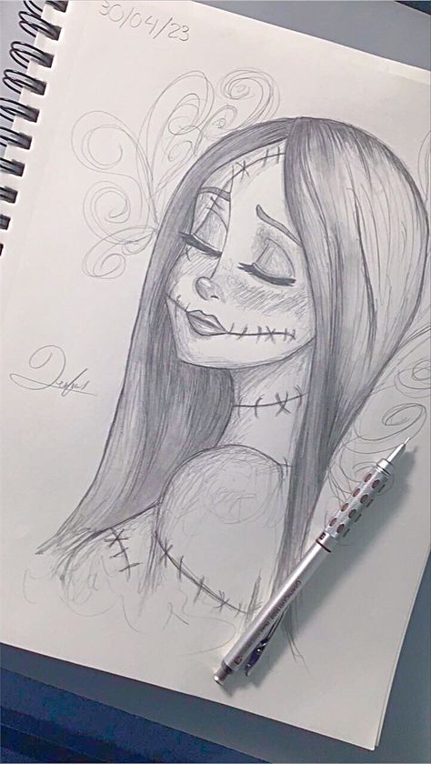 #art #Sally #draw #Mrjack #timburton #hobby #sketch Face Sketches Easy, Tangled Drawing Ideas, Pen Art Chicano, Random Things To Draw Sketches, Sanderson Sisters Drawing, Tim Burton Inspired Drawings, Drawing Ideas School, Christmas Girl Drawing, Sally Nightmare Before Christmas Drawing