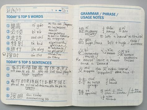 Learn Language Notebook, Language Note Taking Ideas, Learning A New Language Notebook, Chinese Study Planner, Language Journal Korean, Language Learning Notebook Ideas Korean, Foreign Language Learning Notebook, Language Notebook Layout, Studing Languages Aesthetic