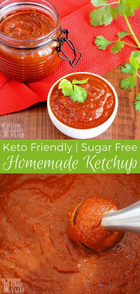 Learning how to make a homemade sugar free ketchup recipe allows you to enjoy burgers and keto friendly fries the traditional way. #lowcarb #keto #ketorecipe #ketoketchup | LowCarbYum.com Keto Ketchup Recipe Easy, Homemade Ketchup No Sugar, Keto Ketchup Recipe, Healthy Ketchup Recipe, Sugar Free Ketchup Recipe, Keto Ketchup, Keto Dips, Low Carb Ketchup, Sugar Free Ketchup