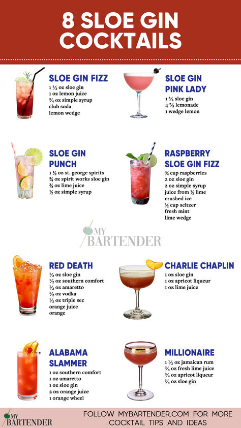 Sloe Gin Cocktails Gin Recipes Cocktails, Gin Cocktails Easy, Sloe Gin Recipe, Sloe Gin Cocktails, Sloe Gin Fizz, Best Gin Cocktails, Bartender Drinks Recipes, Classic Gin Cocktails, Wine Cocktail Recipes