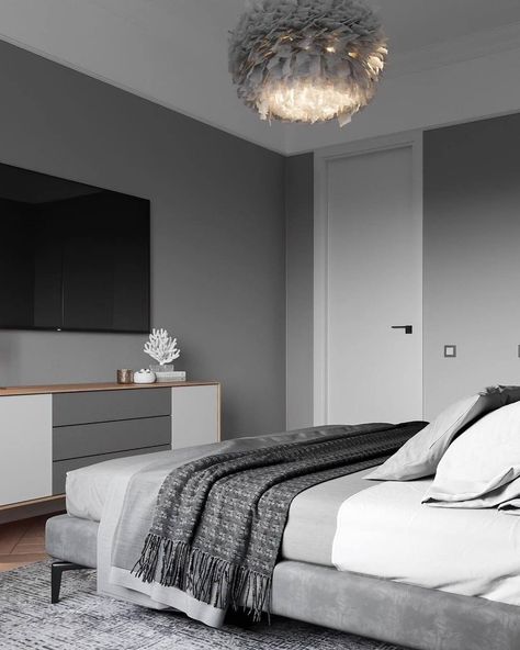 Grey Flooring Bedroom Ideas, Grey Wall Bedroom, Gray And White Bedroom, Light Gray Bedroom, Grey Bedroom Design, Grey Wall Color, Bedroom Color Combination, Living Room Wall Color, Upholstered Bedroom