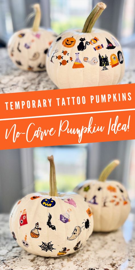 white pumpkins decorated with Halloween-themed temporary tattoos Mess Free Halloween Crafts, No Mess Pumpkin Decorating For Kids, Mess Free Pumpkin Decorating, Pumpkin Paint Party Ideas, Mess Free Pumpkin Decorating For Kids, Decorating Pumpkins Without Carving Kids, Pin The Nose On The Pumpkin, Pumpkin Decorating Party For Kids, Mini Pumpkin Decorating Ideas For Kids