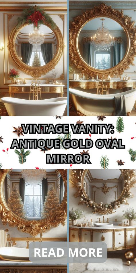 Reflect your style with this antique gold-framed oval vanity mirror. A touch of old-world charm for your bathroom. #VanityMirror #AntiqueGold Gold Oval Mirror, Oval Vanity Mirror, Vanity Antique, Oval Mirror, Accessories Ideas, Vintage Vanity, Old World Charm, Gold Frame, Vanity Mirror