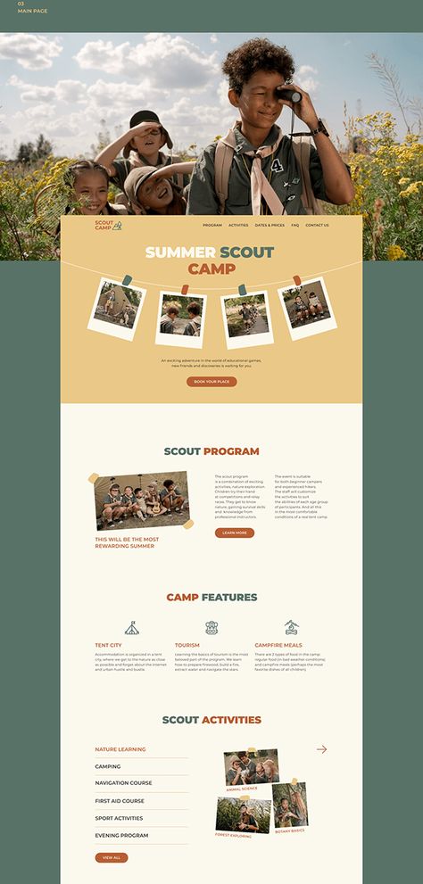 Camp Website, Therapy Website, Scout Camp, Website Concept, Footer Design, Design Camp, Scout Camping, Homepage Design, Web Design Projects