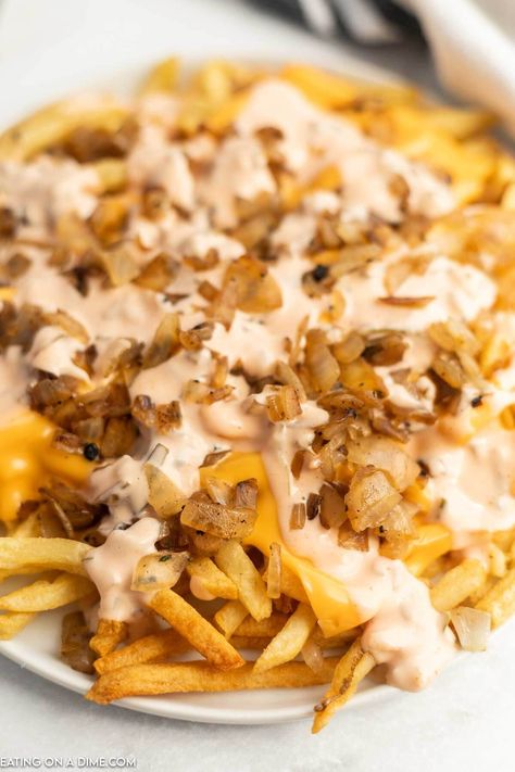 Copycat In-N-Out Animal Style Fries Recipe - Eating on a Dime In And Out Sauce, Animal Style Fries Recipe, Animal Fries, Animal Style Fries, Quick Bread Recipes Easy, Eating On A Dime, Homemade French Fries, Frozen French Fries, Quick And Easy Soup