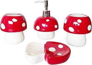 Bathroom Accessories Set 4 Pieces - Mushroom Decor - 100% Ceramic, Hand-Painted - Soap Dispenser, Soap Dish, Toothbrush Holders, Bathroom Tumbler - New Apartment Essentials New Apartment Essentials, Bathroom Containers, Bathroom Tumbler, Toothbrush Holders, Bathroom Accessories Set, Creative Bathroom, Apartment Essentials, New Apartment, Unique Bathroom