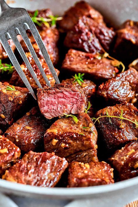 Dinner Ideas With Steak Bites, Buttery Garlic Steak Bites, Tender And Juicy Garlic Butter Steak Bites, Easy Steak Bites With Garlic Butter, Tuscan Gnocchi, Tik Tok Garlic Butter Steak Bites, Butter Steak Bites Recipe, Garlic Butter Steak Bites With Stew Meat, Steak Bites With Garlic Butter Cast Iron