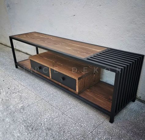 Wood Metal Tv Stand, Metal And Wood Furniture, Home Office Furniture Design, Metal Tv Stand, Modern Industrial Furniture, Iron Furniture Design, Steel Furniture Design, Workbench Plans Diy, Iron Door Design