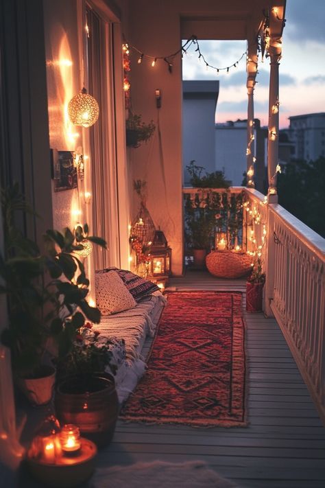 Aesthetic Balcony, Diy Backyard Projects, Boho Balcony Ideas, Boho Balcony, Cozy Balcony, Academia Room, Balcony Lighting, Vintage Mirror Wall, Balcony Plants