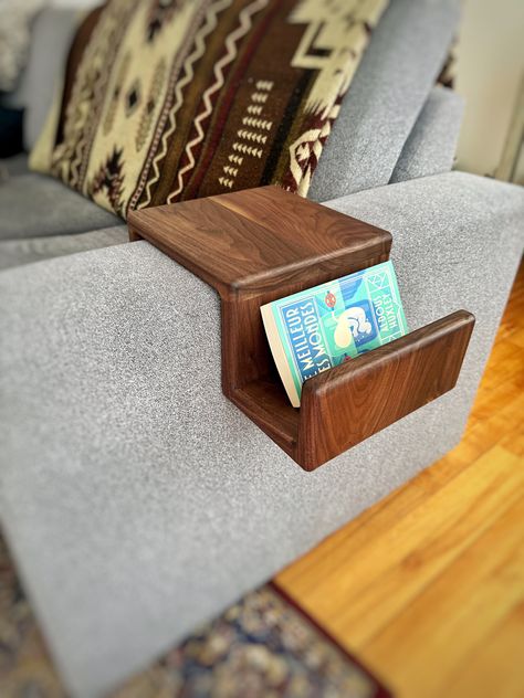 -ITEM- - Beautiful Hard wood Couch Arm Rest Table with Magazine Stand in black walnut - Made in quality hardwood; no cheap plywood like other seller here - No stain in my shop; only natural color of the wood -SIZE- - Overall size: 13 1/2 x 9 x 6 (contact me for variation) - Sofa Arm Width is 8 inch for the one in picture (choose the right one for you in variation) -FINISHING- - They have been hand finished with a natural finishing oil to protect and nourish the wood. -WHY THIS SHOP ?- - Each ite Diy Couch Arm Organizer, Couch Armrest Table, Wooden Arm Rest For Couch, Wooden Couch Cup Holder, Wooden Couch Arm Table, Wood Couch, Armrest Table, Cheap Plywood, Couch Tray