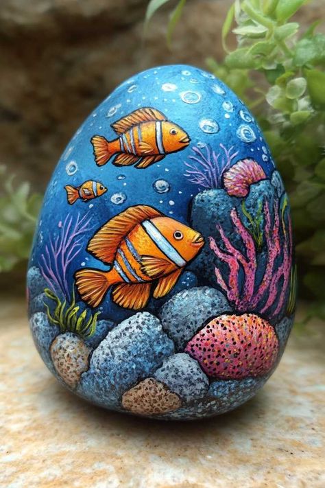 Paint Fish On Rocks, Oval Rock Painting Ideas, Simple Fish Painting, Rock Painting Fish, Painting Ideas Animals, Painting On Stone, Fish Rocks, Painted Fish, Painted Driftwood