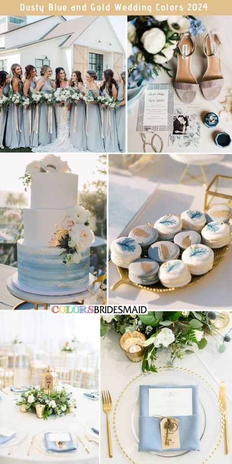 8 Lovely Dusty Blue Wedding Color Combos for 2024 - ColorsBridesmaid Dusty Blue And Silver Wedding, Dusty Blue Wedding Cake, Dusty Blue And Gold Wedding, Wedding Cake Blue, Ice Blue Bridesmaid Dress, September Wedding Colors, Elegant Wedding Colors, Wedding Color Schemes Blue, Wedding Color Schemes Spring