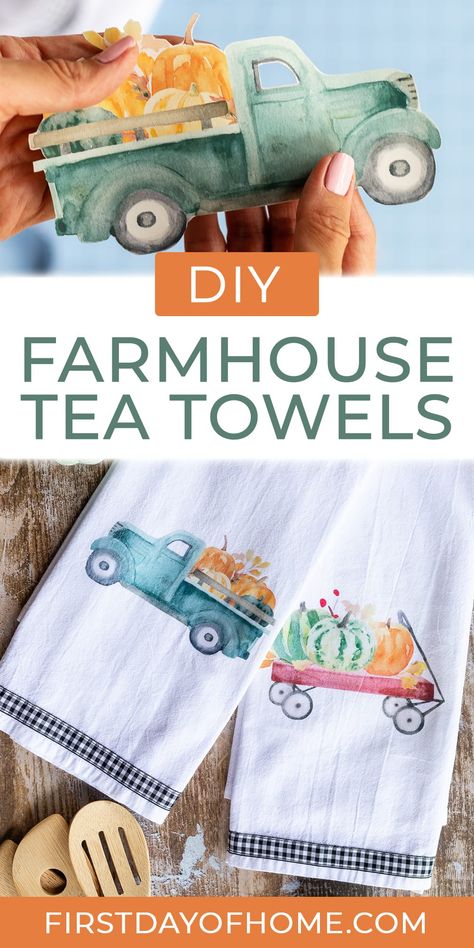 Learn how to make DIY tea towels with image transfers for instant fall decor. This simple tutorial shows you how to create a custom kitchen towel with any image you choose. It's the perfect home decor accent for fall or Christmas. #firstdayofhome #diy #falldecor #fallcrafts Fall Towels Diy, Tee Towels Gift Ideas, Holiday Towels Diy, How To Make Kitchen Towels Diy, Printing On Tea Towels Diy, Tea Towels Crafts Projects, Holiday Tea Towels Cricut, How To Make Tea Towels Diy, Painting Tea Towels