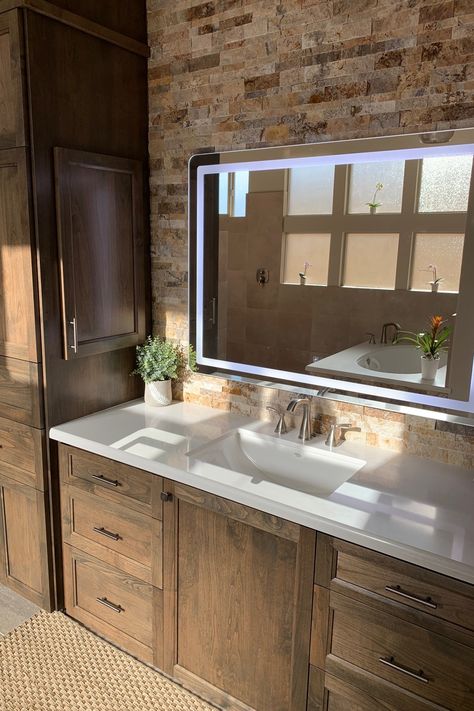 Warm, cozy, and full of texture, this bathroom adds drama with a large wall of natural stone behind the sink.  Tap the photo to learn more. Featured Product - Scabos Split 3-D Mesh Mount Stack #stonetile #bathrooomdesign Stacked Stone Backsplash, Texture Walls, Hotel Bathrooms, Arizona Tile, Powder Room Decor, Stone Backsplash, Stone Bathroom, Cherry Cabinets, Bathroom Design Inspiration