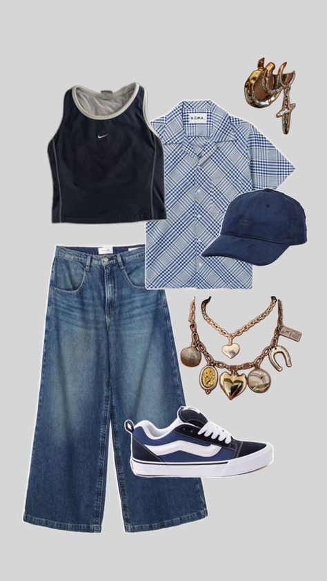 Wide baggy jeans, Nike vintage top, vans skater jeans , cuncky jewellery, short sleeve flannel, skater Wlw Outfit, Baggy Flannel, Outfit Inspo Baggy, Short Sleeve Flannel, Skater Jeans, Vans Style, Nike Vintage, Retro Outfits, Baggy Jeans