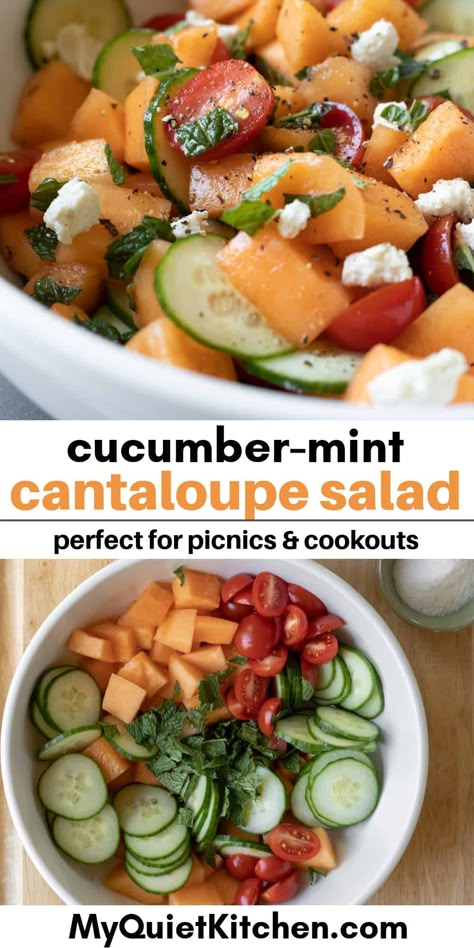 Cantaloupe Salad Recipes, Cantaloupe Cucumber Salad, Healthy Cookout Food, Summer Casserole Recipes, Harissa Dressing, Mom Lunch, Cantaloupe Salad, Salad Options, Salad With Cucumber