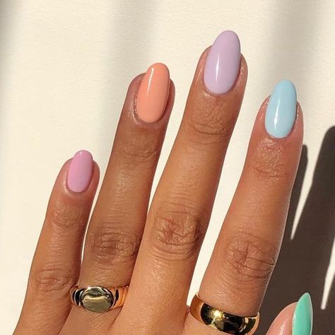 Pastel Colourful Nails, Different Colour On Each Nail, Multi Colour Acrylic Nails, Multicoloured Pastel Nails, Multi Colour Pastel Nails, Multi Coloured Nails Summer, Multi Pastel Nails, Pastel Skittle Nails, Multi Colored Nails Pastel