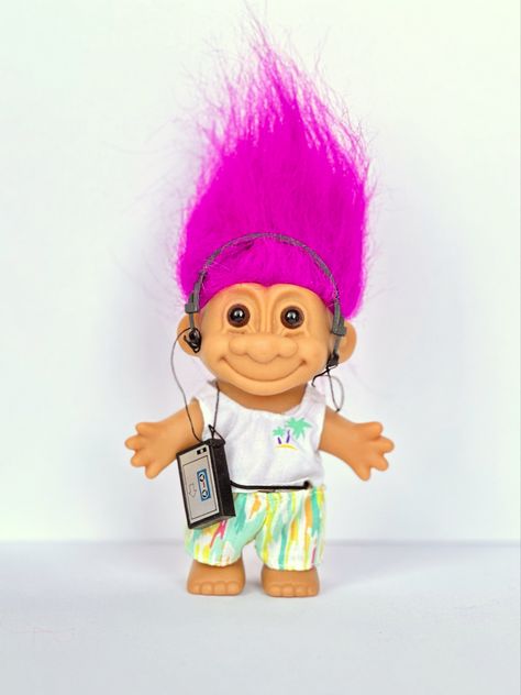 90’s vintage troll doll with purple hair and palm trees on shirt and shorts in bright neon colors 90s Trolls, Vintage Walkman, Russ Trolls, Vintage Trolls, Troll Dolls Vintage, Life Moves Pretty Fast, Troll Party, Troll Doll, Nostalgic Toys