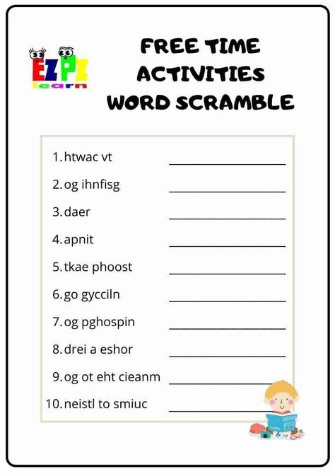 Free Printable Word Scramble English Game For Kids Topic Freetime Activities Freetime Activities Worksheet, English Games For Kids, Freetime Activities, Verb Words, Scramble Words, Free Time Activities, Scramble Game, English Games, Word Scramble