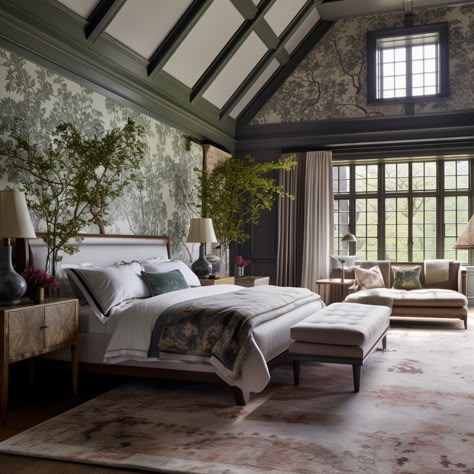 Tudor Master Bed, British Bedroom Design, Modern Manor Bedroom, Tudor Bedroom Ideas, Romantic Primary Bedroom, Modern Tudor Bedroom, Primary Bedroom Addition, Tudor Style Bedroom, Country French Bedroom Master Suite