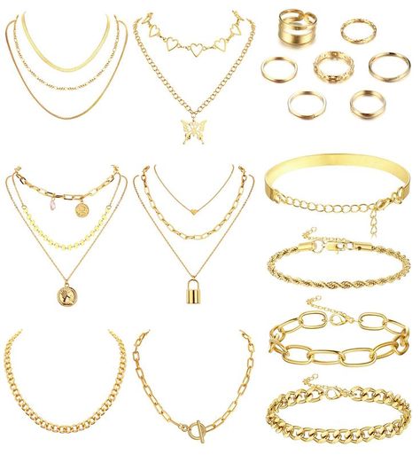 Gold Jewelry Sets for Women Gold Layered Necklaces Chunky Bracelets Knuckle Rings Set Costume Accessories Jewelry Vacation Jewelry, Valentine Anniversary, Gold Jewelry Sets, Packing Jewelry, Multi Layer Necklace, Women's Jewelry Sets, Ear Cuff Earings, Chunky Bracelets, Fashion Jewelry Sets