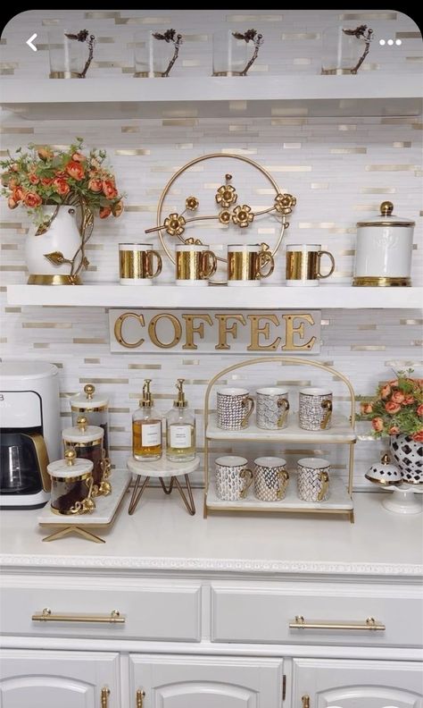 Coffee Bar In House, Cafe Station Ideas, Gold Coffee Bar, Chic Coffee Bar, Glam Coffee Bar, Coffe Bar Decor, Dream House Pantry, Glam Kitchen Decor, Coffee/wine Bar