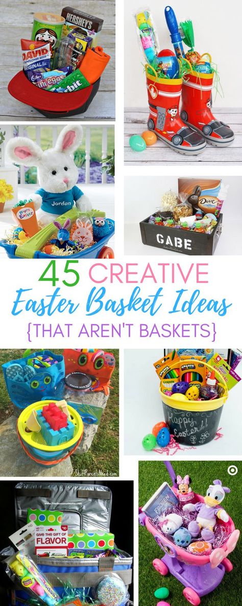 If you are looking for something fun, creative and out of the box to use as an Easter basket that is not actually a basket, here are 45 brilliant Easter basket ideas that every kid in your house will love! #easterbasket #easter Easter Basket Ideas That Are Not Baskets, Diy Easter Baskets For Toddlers, Easter Basket Theme Ideas, Non Basket Easter Basket Ideas, Easter Gift Baskets For Kids, Easter Baskets For Toddler Boys, Easter Basket Alternatives For Kids, Unique Easter Basket Ideas For Kids, Toddler Boy Easter Basket Ideas