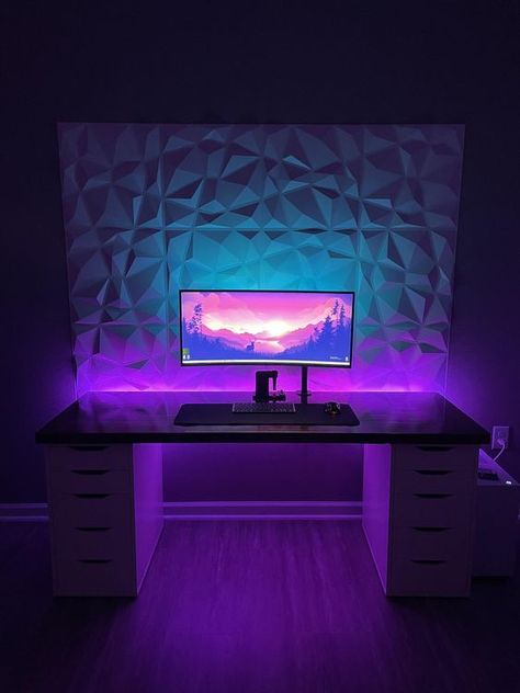 #LED #ledlight #homedecoration #home #GamingLife Ikea Gamer, Ultimate Gaming Room, Gaming Room Setup Ideas, Vaporwave Room, Room Setup Ideas, Set Up Gamer, Pc Room, Room Improvement, Gaming Setup Ideas