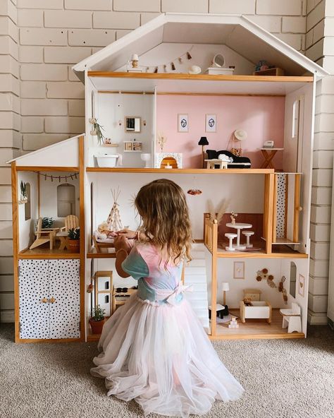 Wooden Barbie House, Toddler Dollhouse, Kidkraft Dollhouse, Playroom Seating, Playroom Wall Decals, Playroom Flooring, Kids Doll House, Diy Barbie House, Girls Dollhouse