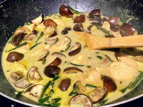 Green Curry Chicken With Indian Eggplant - Healthy Thai Recipes Thai Green Curry Chicken With Eggplant, Curry With Eggplant, Eggplant Healthy, Indian Eggplant, Beef Massaman, Beef Massaman Curry, Thai Green Chicken Curry, Healthy Thai Recipes, Green Curry Recipes