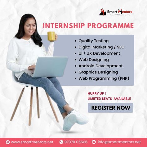 Unlock your potential with our diverse internship programs! From Quality Testing to Digital Marketing, UI/UX Development, Web Designing, Android Development, Graphics Designing, to Web Programming (PHP), we've got the opportunities you've been searching for. Limited seats available, seize the chance to kickstart your career journey! Enroll Today: https://www.smartmentors.net/courses/industrial-internship-training/ #InternshipOpportunity #CareerDevelopment #CareerGrowth #TechInternships #C... Core Java, Android Development, Web Programming, Internship Program, Web Designing, Unlock Your Potential, Career Growth, Career Development, Seo Marketing