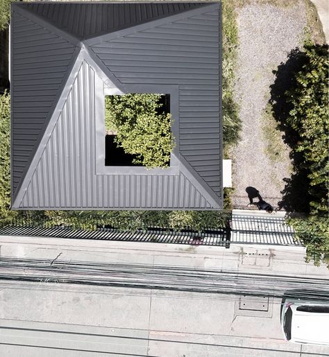 ASWA wraps own architecture studio around internal courtyard Green Courtyard, Small Apartment Room, Hipped Roof, Roof Skylight, Geometric Volume, Black Window Frames, Glazed Walls, Metal Cladding, Internal Courtyard