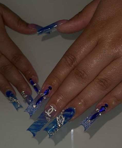 Square Acrylic Nails With Rhinestones, Long Acrylic Nails With Gems, Blue Long Acrylic, Blue Long Acrylic Nails, Long Nails Brown, Blue Square Acrylic, Blue Square Acrylic Nails, Brown Nails Short, Acrylic Nails With Gems