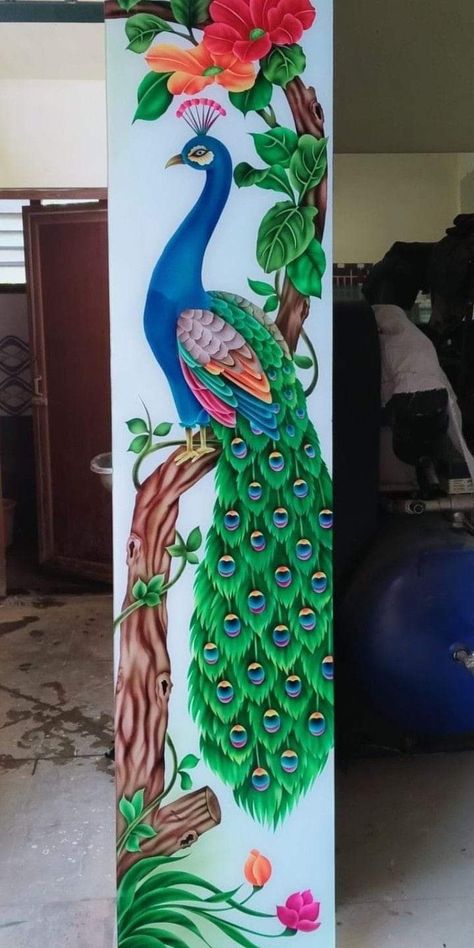 Peacock On Wall Painting, Wall Painting Peacock, Peacock Glass Painting Design, Peacock Glass Design, Pillar Painting Ideas, Acrylic Glass Painting Ideas, Peacock Wall Painting, Pillar Painting, Easy Canvas Painting Ideas