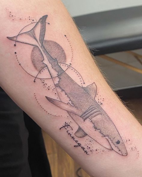 Geometric Shark Tattoo, Shark Sleeve Tattoo, Marine Life Tattoo, List Tattoo, Practice Shading, Geometric Shark, Shark Tattoo Ideas, Ocean Sleeve Tattoos, Diver Tattoo