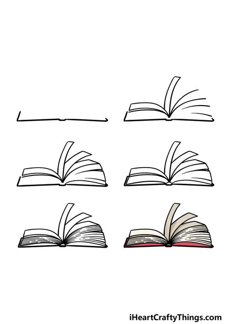 Drawing An Open Book, How To Draw An Open Book Step By Step, Open Book Drawing Reference, Book Journal Doodles, Open Book Line Art, Open Book Doodle, Book Doodles Easy, How To Draw An Open Book, How To Draw A Book Step By Step