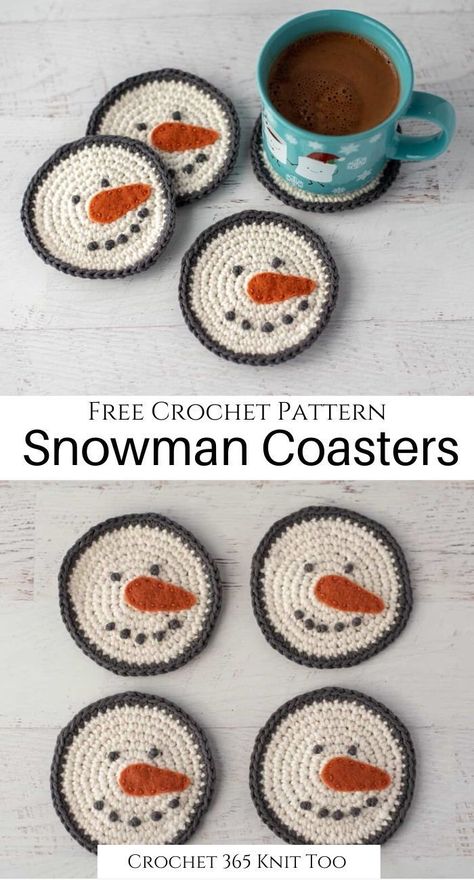 Snowman Coasters, Crocheted Coasters, Crochet Ornament Patterns, Crochet Coasters Free Pattern, Crochet Christmas Gifts, Crochet With Cotton Yarn, Crochet Snowman, Winter Decorating, Crochet Xmas