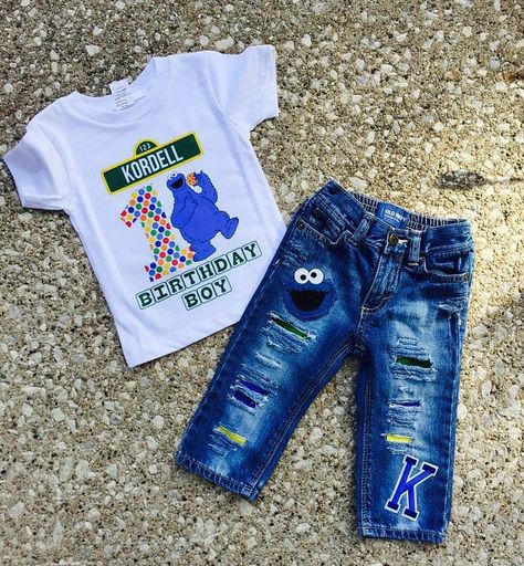 Cookie Monster 1st Birthday Outfit, Cookie Monster Party Favors, Cookie Monster 1st Birthday, Custom Denim Jeans, Cookie Monster Birthday Party, Monster First Birthday, 1st Birthday Outfit Boy, Kid Birthday Outfits, Monster 1st Birthdays