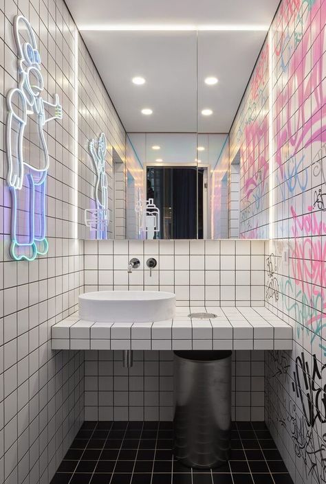 Store Bathroom Ideas, Funky Bathrooms, Neon Bathroom, Commercial Bathroom Designs, Office Awards, Creative Bathroom, Public Bathrooms, Powder Room Design, Best Office