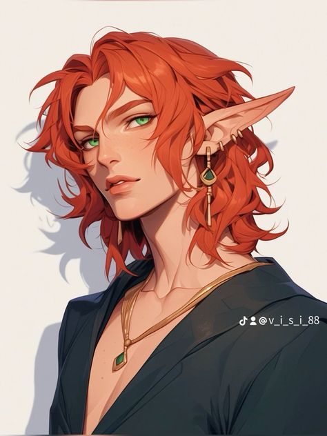 Enby Character Art, Dnd Characters Male, Half Elf Male, Elf Character Design, Red Hair Elf, Elf Drawings, Dnd Elves, Male Elf, Half Elf