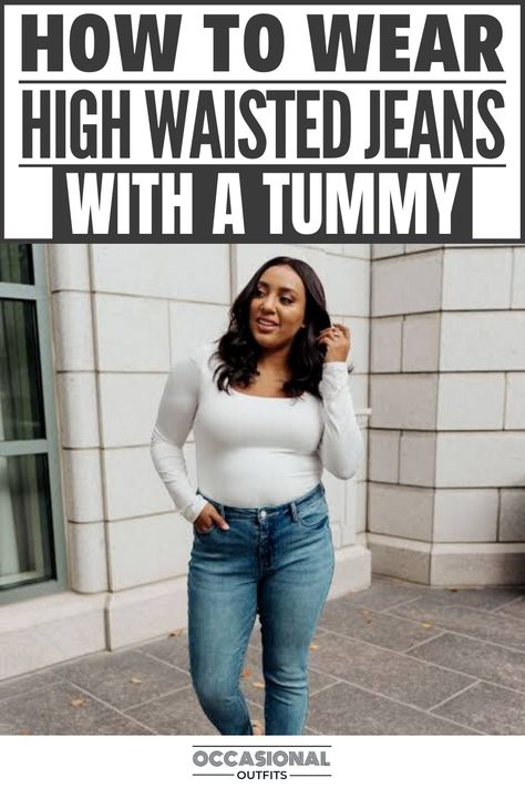 Girl wearing a high waisted jeans with a tummy High Waisted Outfits Plus Size, Wide Stomach Outfits, Plus Mom Jeans Outfit, Cute Plus Size Jeans Outfits, Styling Mom Jeans Plus Size, Bell Bottom Jeans Outfit Midsize, Best Midsize Jeans, Tops For High Waisted Jeans, Outfits With Tummy