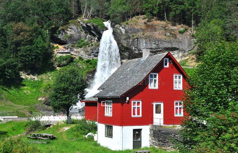 Waterfall and red house in norway - scandinavia royalty free stock image Norway Red House, House In Norway, Red House, Scandinavia, Exterior Paint, Norway, Stock Images Free, Photo Image, Royalty