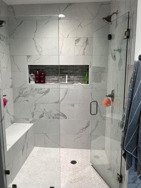 Satori Statuario Polished 12-in x 24-in Polished Porcelain Marble Look Floor and Wall Tile in the Tile department at Lowes.com Tub Bathroom Ideas, White Marble Shower, Bathroom Remodel Plans, Small Full Bathroom, Full Bathroom Remodel, Small Bathroom Renovations, Bathroom Shower Walls, Bathroom Remodel Pictures, Bathroom Redesign