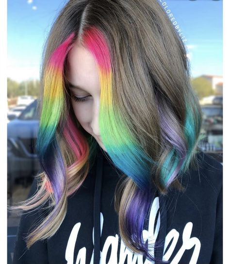 Rainbow Money Piece, Hair Money Piece, Pride Hair, Hidden Rainbow Hair, Kids Hair Color, Dreamy Hair, Hair Stripes, Colorful Hairstyles, Peekaboo Hair