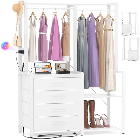 PRICES MAY VARY. 👚Multifunctional Clothes Rack: The clothes rack has a total of 5 different types of storage space, 4 large drawers, 3 storage shelves, 1 t-shirt hanging rod, 1 long dresser/coat hanging rod, and 1 top storage shelf, allowing you to have a variety of storage methods in limited space to keep everything in organize. 👗Garment Rack with 4 Fabric Drawers: Compared with wooden drawers, fabric drawers are easier to install, the Cyclysio garment rack has 4 large fabric drawers of 19.7" x 19.7" x 5.5", which provide private space while meeting the large storage capacity, and are very suitable for storing underwear, socks, pants, and other small items. 👢Adjustable & Reversible Closet Organizers: The clothing rack is reversible, you can choose to install the drawers at left or righ Clothing Rack With Drawers, Small Clothes Rack, Multifunctional Clothes, Freestanding Closet, Free Standing Closet, White Closet, Closet Rack, Long Dresser, Closet Systems