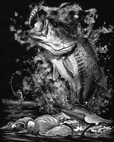 Bass Tattoo, Bass Fishing Tattoo, Bass Fishing Pictures, Fishing Artwork, Fishing Tattoo, Hook Tattoos, Largemouth Bass Fishing, Scratchboard Art, Fish Artwork