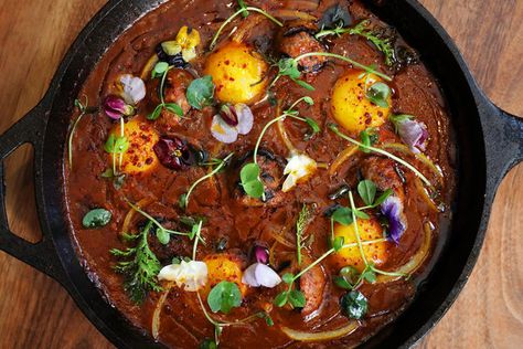 Moroccan Shakshuka Recipe - NYT Cooking Moroccan Shakshuka, Kefta Meatballs, Beef Kefta, Arab Dishes, Eggs Poached, Moroccan Beef, Shakshuka Recipe, Shakshuka Recipes, Recipes Eggs