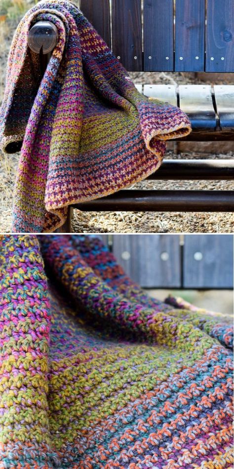 Colorful Fun Crochet Blankets. This amazing, colorful crochet blanket in the pictures below was made by Jessica Reeves Potasz and it will keep you warm during all these chilly and rainy fall and winter evenings. It combines endless tweed colors, soft yarn, and a beautiful stitch pattern, that create a very rustic, houndstooth throw. #freecrochetpattern #blanket #throw Crochet Blending Colors, Crochet Blanket 5 Colors, Crochet Winter Blankets, Sock Yarn Blanket Crochet, Contemporary Crochet Blanket, Crochet Patterns Using 3 Weight Yarn, Crochet Three Color Blanket, Red Heart Roll With It Melange Crochet Patterns, Free Crochet Blanket Patterns Using Variegated Yarn