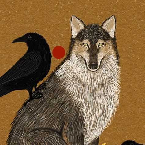 Chumash Art, Lone Wolf Aesthetic, Wolf And Raven, Wolf Familiar, Raven Illustration Drawing, Fox And Raven Art, Wolf And Crow Drawing, Wolf And Crow Art, Raven Animal Art