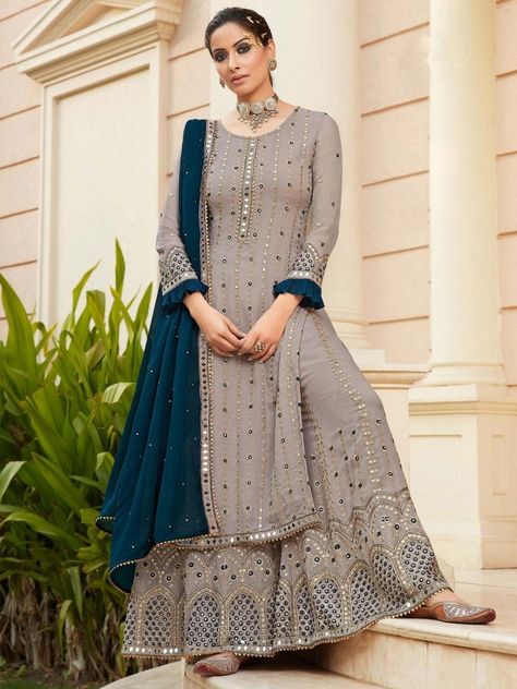 Grey Georgette Partywear Palazzo Suit - inddus-us Winter Long Sleeve Salwar Kameez With Printed Motifs, Designer Sharara Suits, Pakistani Style, Palazzo Suit, Sharara Suit, Old Rose, Salwar Kameez Designs, Anarkali Suits, Indian Outfit